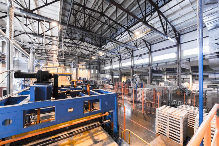 Factory workshop interior and machines on glass industry background process of production